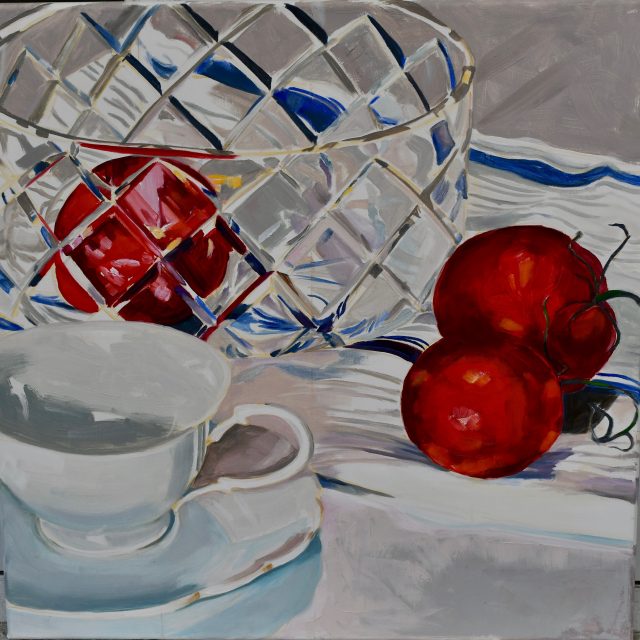 Three Tomatoes 24” x 24” oil on linen by Elise Sewell
